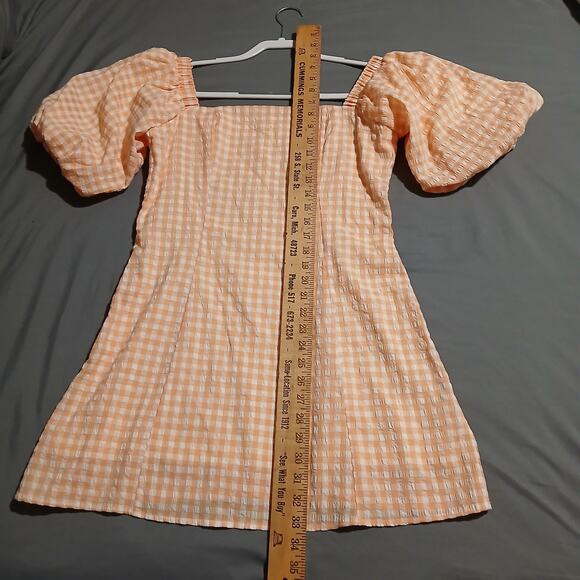 MABLE large peach seersucker gingham short puff sleeve fully lined mini-dress - Picture 10 of 14